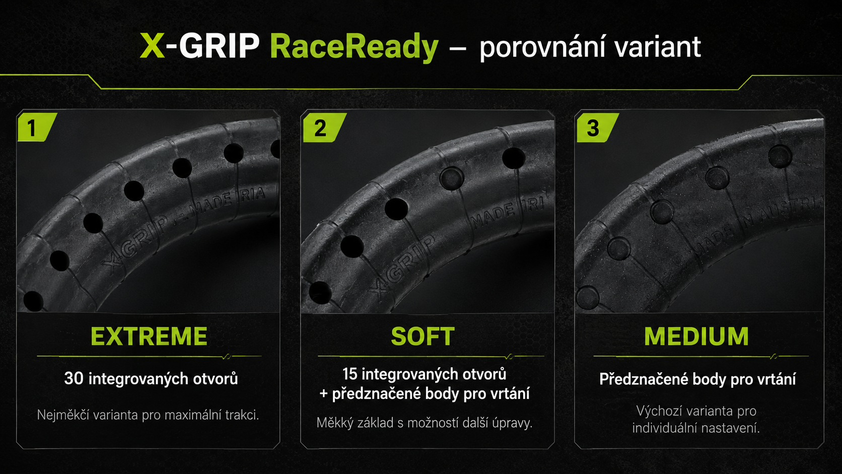 Porovnání X-GRIP RaceReady mousse EXTREME, SOFT a MEDIUM